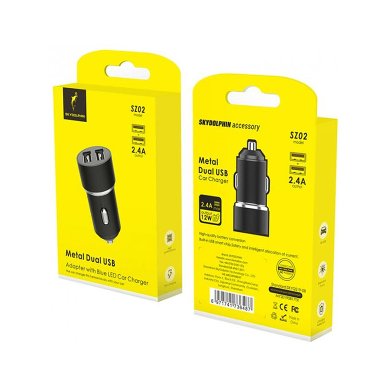 Автомобільний зарядний пристрій Sky Dolphin SZ02 Aluminium 2USB 2.4A Black (AZP-000074)