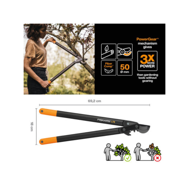 Сучкорез большой плоскостной Fiskars PowerGear с загнутыми лезвиями (L) L78 (1000584)