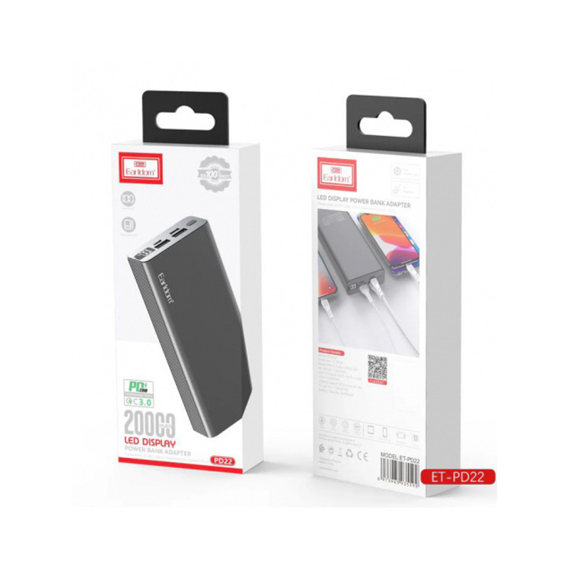 Додаткова батарея (повербанк) Power Bank Earldom ET-PD22 20000 mAh Metal Alloy QC3.0 PD2.0 PD3.0 22.5W black (PB-000122)